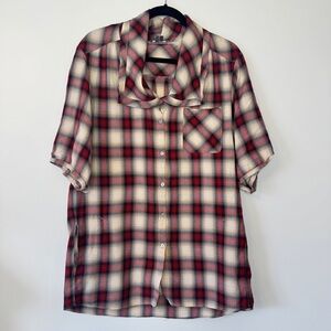 Vince Blouse Cowl Neck Short Sleeve Button Down Shirt Plaid Check Cotton Sz M